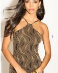 High-neck sleeveless metallic-knit with pattern print maxi dress in Gold