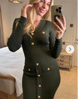 Long sleeves Buttons Design Midi bodycon dress in green