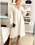 Cotton shirt dress with Pleated  chiffon hem design in white