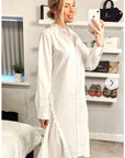 Cotton shirt dress with Pleated  chiffon hem design in white