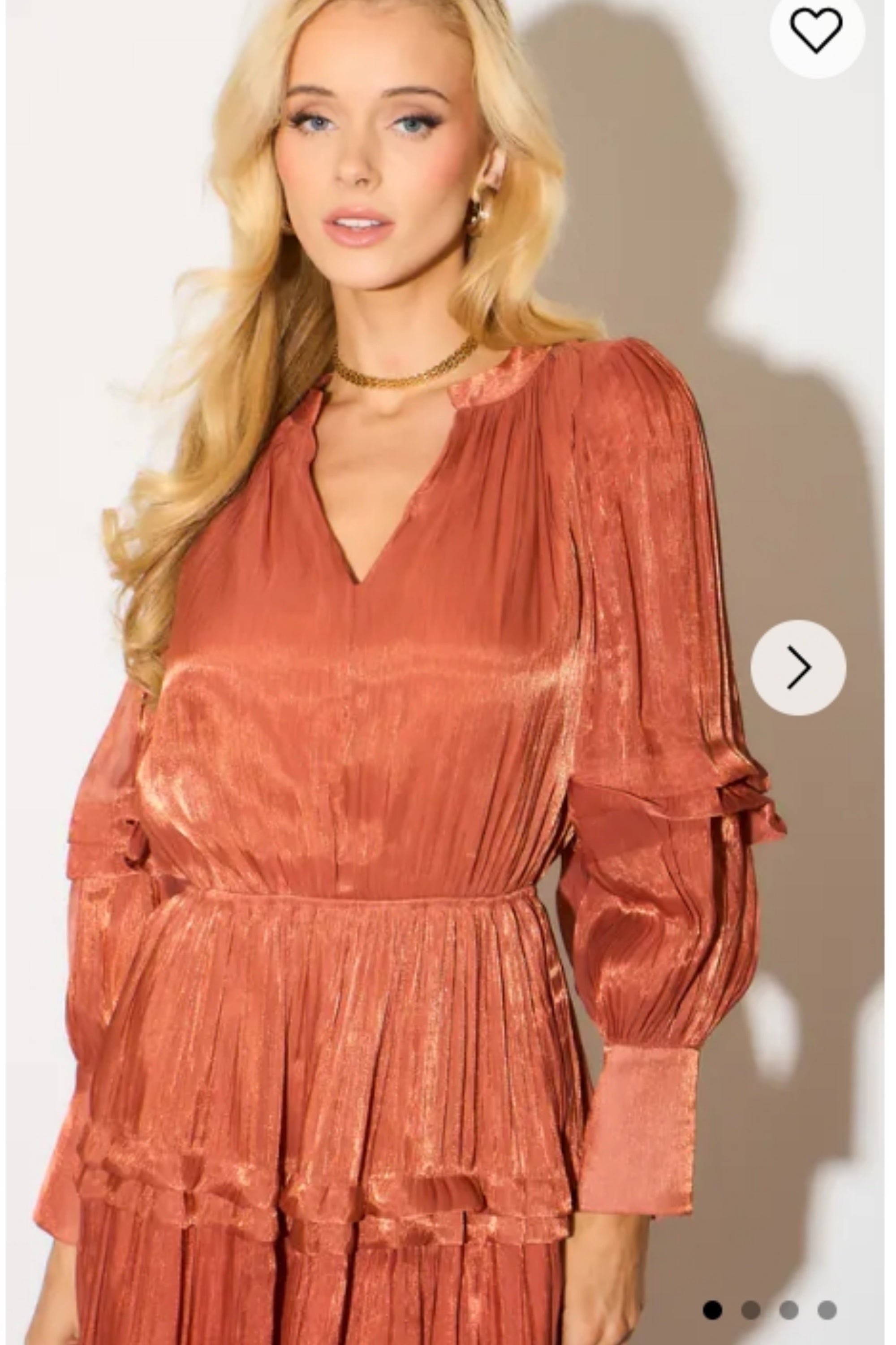 Silky feeling organza midi dress with ruffle design on sleeves and skirt hem