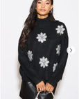 Metallic and Peals embellished snowflake pattern Soft knit Jumper in Black