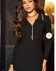 Black Soft knit long sleeves bodycon dress with cream line contrast design