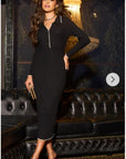 Black Soft knit long sleeves bodycon dress with cream line contrast design