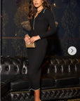 Black Soft knit long sleeves bodycon dress with cream line contrast design