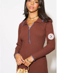 Brown color Soft knit long sleeves bodycon dress with blue line contrast design