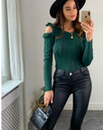 Frilled Cold Shoulder pointelle stitch top (Green)