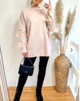 Feather and sequin embellished sleeves jumper