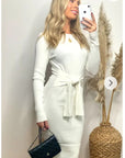 Fine knit bodycon dress with knot tie design in White