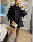Oversized Ballon sleeves with tie up cotton blend shirt in black