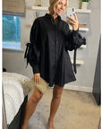Oversized Ballon sleeves with tie up cotton blend shirt in black