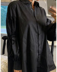 Oversized Ballon sleeves with tie up cotton blend shirt in black