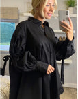 Oversized Ballon sleeves with tie up cotton blend shirt in black