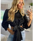 Cross Back and fron tie up crop shirt top in black