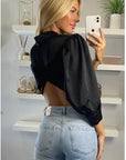 Cross Back and fron tie up crop shirt top in black