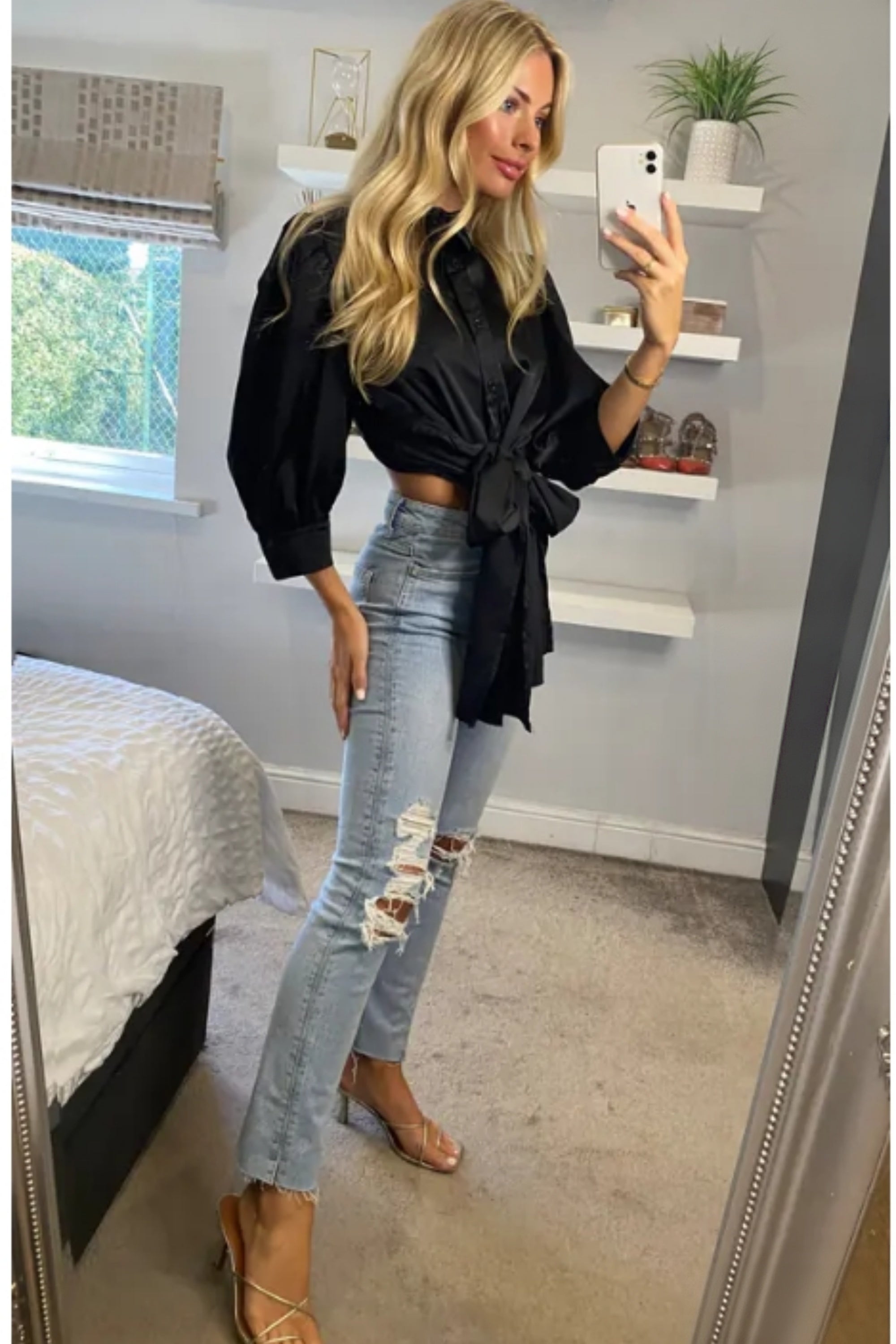 Cross Back and fron tie up crop shirt top in black