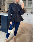 Ruffle design around chest and hem cotton shirt in black