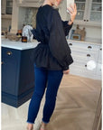 Ruffle design around chest and hem cotton shirt in black