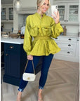 Ruffle design around chest and hem cotton shirt in green