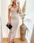 Sleeveless Ribbed Knit Bodycon Dress with Side Split in Beige