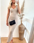 Sleeveless Ribbed Knit Bodycon Dress with Side Split in Beige
