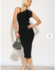 Knitted stretch cotton Bodycon midi dress with Camellias Brooches in black