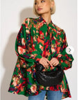 Wild Bloom multi color print oversized shirt with tie up bow design in green