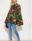 Wild Bloom multi color print oversized shirt with tie up bow design in green