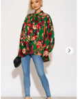 Wild Bloom multi color print oversized shirt with tie up bow design in green