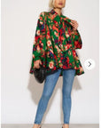 Wild Bloom multi color print oversized shirt with tie up bow design in green