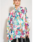 Wild Bloom multi color print oversized shirt with tie up bow design in white