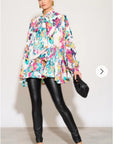 Wild Bloom multi color print oversized shirt with tie up bow design in white