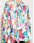 Wild Bloom multi color print oversized shirt with tie up bow design in white