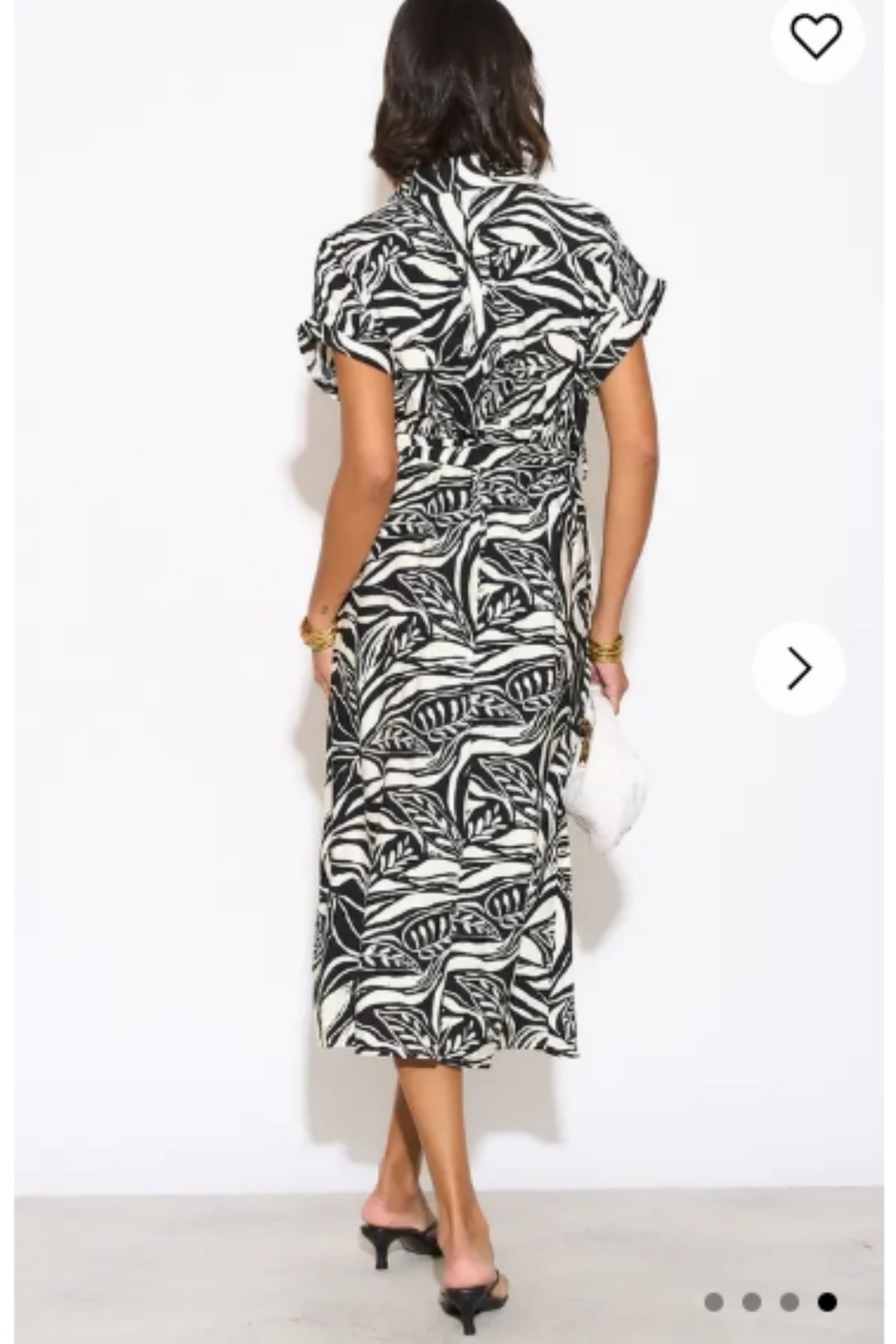 Multi Leaves&#39; print Cotton Linen shirt dress short sleeves in Black