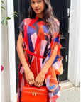 Aztec Print Pleated Dress in asymmetric sleeves design in Red