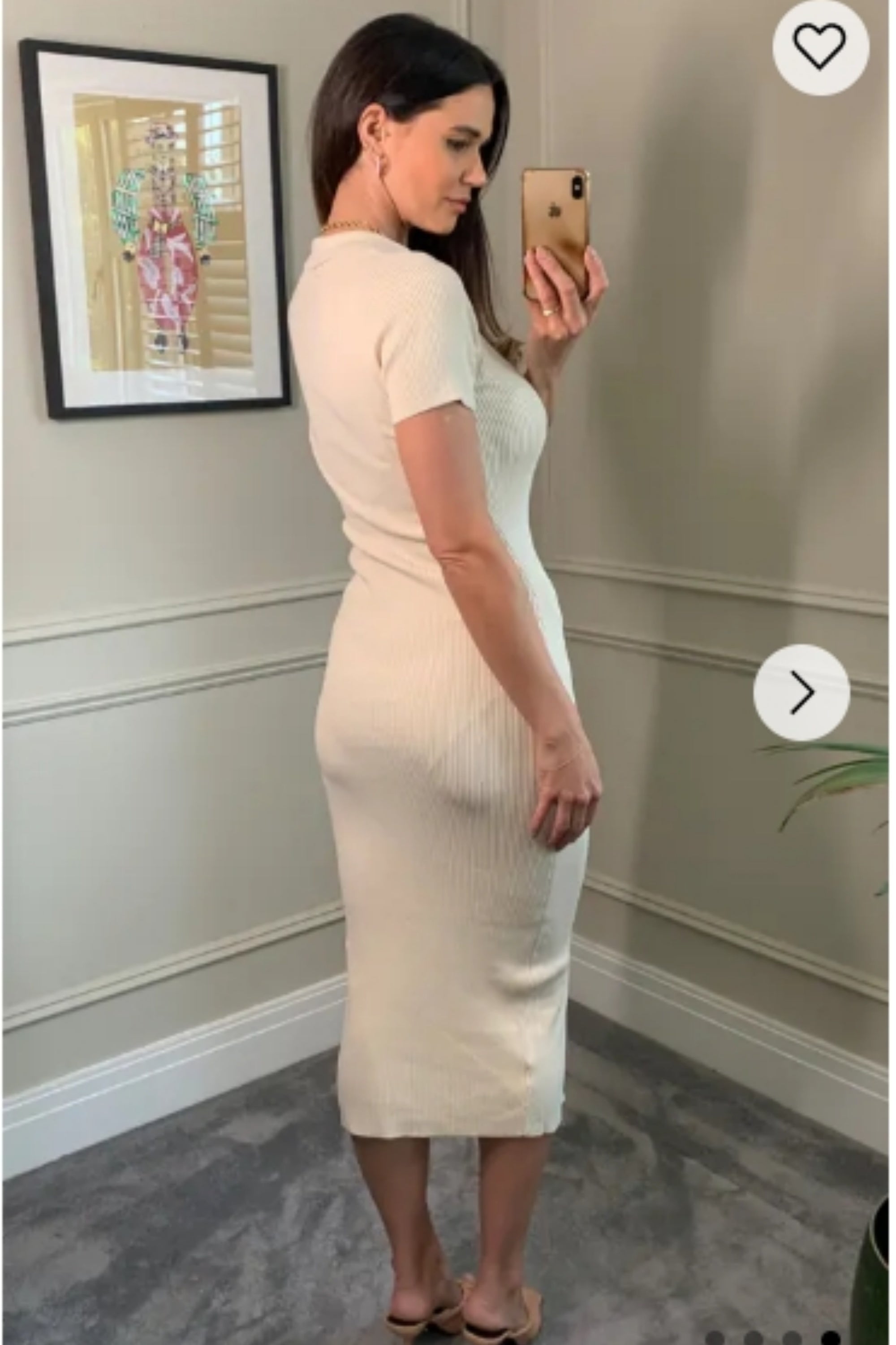 Soft cotton knit dress with collared and buttons down design in Cream Beige