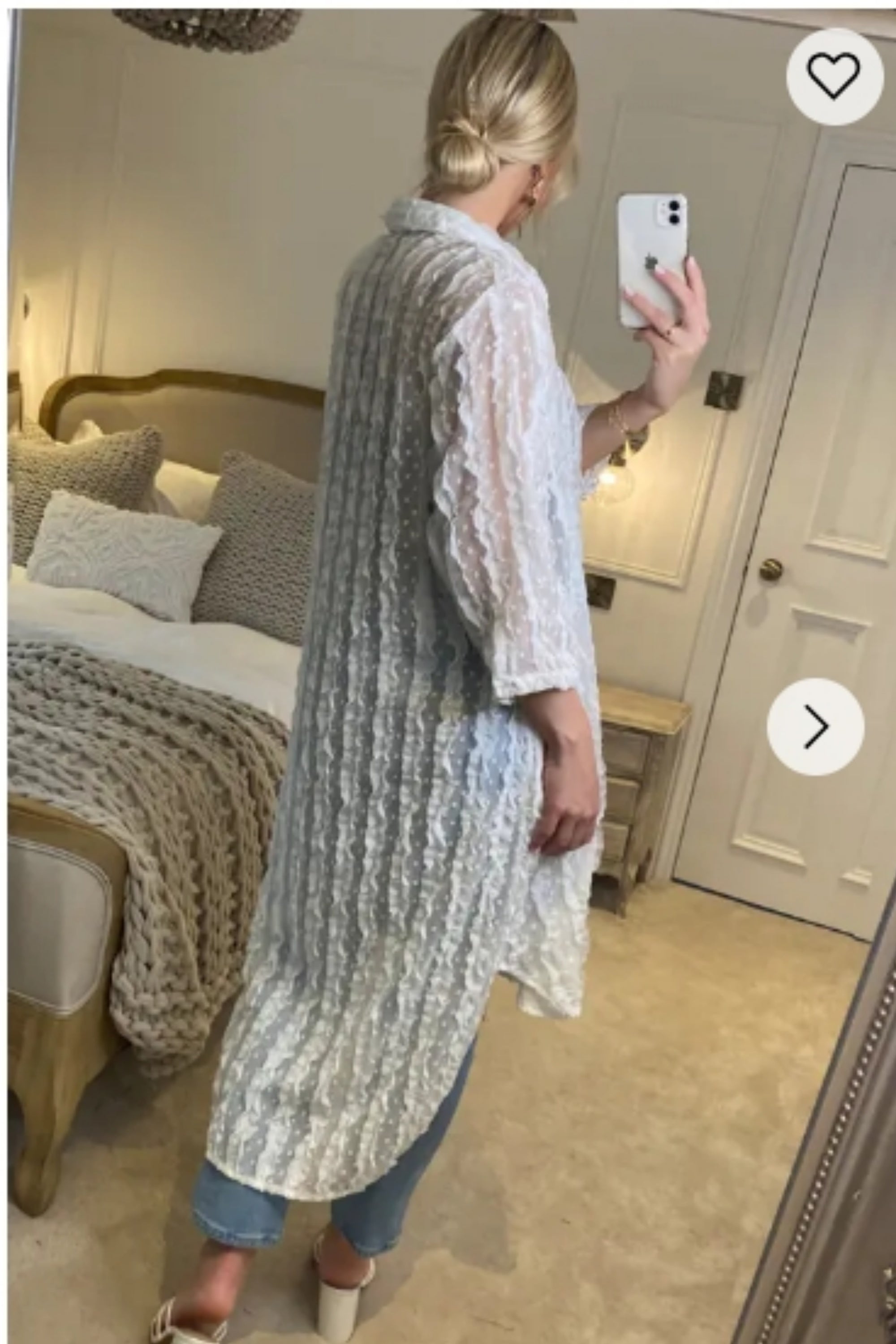 Oversized shirt dress in white with chiffon ruffle stripe design