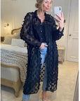 Oversized long shirt dress with floral embellished design in black