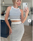 Stripe print sleeveless top and midi skirt co-ords suits in white