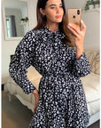 Long Sleeve Shirt Dress with Tie Waist in Black and White Print