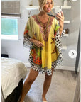 Leopard print chiffon kaftan top in yellow
