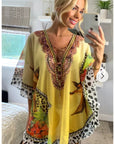 Leopard print chiffon kaftan top in yellow