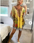 Leopard print chiffon kaftan top in yellow