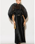 Pleated long dress with organza pleated cape sleeves
