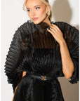 Pleated long dress with organza pleated cape sleeves