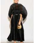 Pleated long dress with organza pleated cape sleeves