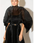 Pleated long dress with organza pleated cape sleeves