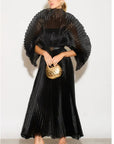 Pleated long dress with organza pleated cape sleeves