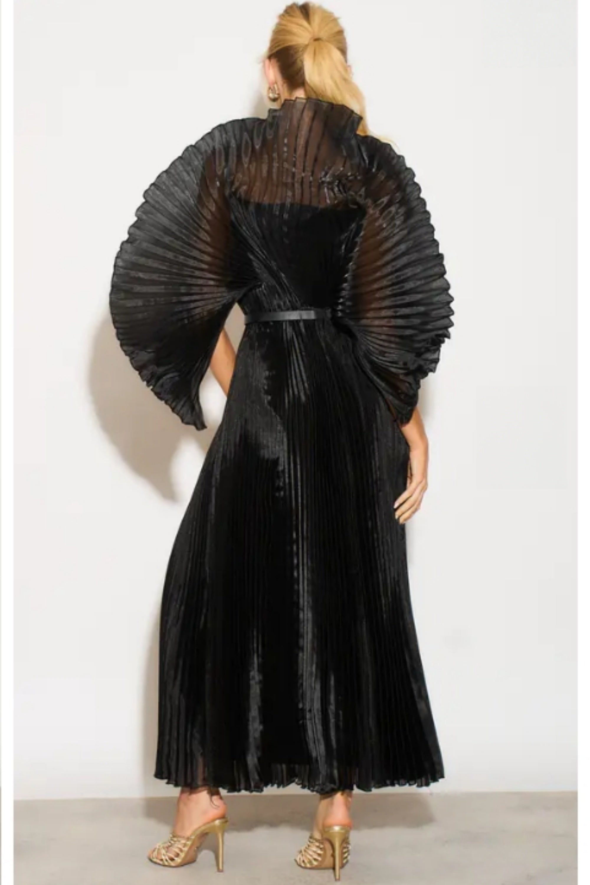 Pleated long dress with organza pleated cape sleeves