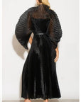 Pleated long dress with organza pleated cape sleeves